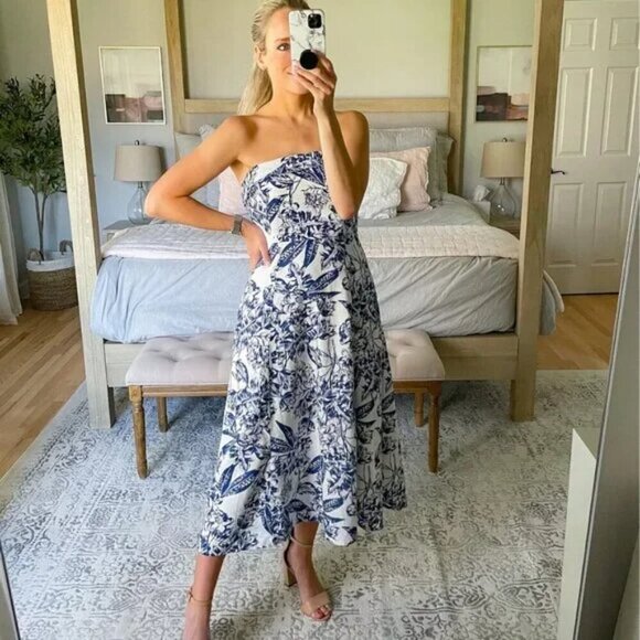 Abercrombie & Fitch Strapless Linen Blend Midi Dress in Blue Floral Size Large - Picture 2 of 10